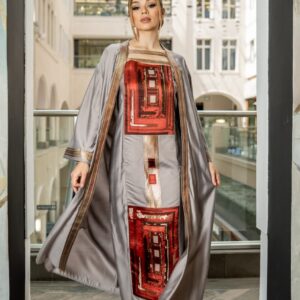 Beautiful pale grey kimono and dress set with rust & gold embroidery detail.