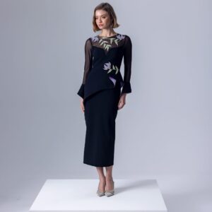 Vintage inspired black midi dress with high low peplum and beautiful crystal detail. Lilac satin lining compliments the beautiful lilac crystal details.