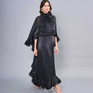 This stunning black maxi dress is crafted from a lustrous satin organza fabric that drapes beautifully with every step. Designed with a high gathered neckline and flowing cape-style sleeves, it exudes graceful sophistication. The ruffle detailing along the sleeves, waistline, and hemline adds movement and a touch of romantic charm. Perfect for evening occasions, weddings, or when you want to make a statement in timeless style.  Also available in burgundy.