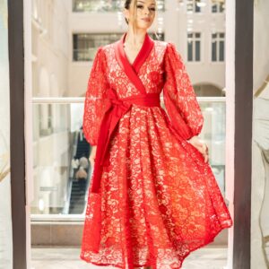 Red Lace Wrap Dress Elevate your occasion wardrobe with our Red Lace Wrap Dress, a timeless silhouette crafted in premium embroidered lace with a soft satin shawl collar and waist tie. Designed to flatter, its cinched wrap waist, voluminous sleeves, and fluid mid-calf skirt create a look that is both feminine and effortlessly sophisticated. A striking statement piece for celebrations, evenings out, and special moments.